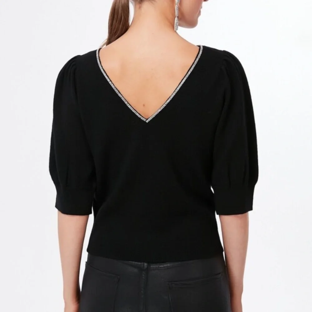 Kate Spade Black Rhinestone Edged Boatneck Sweater